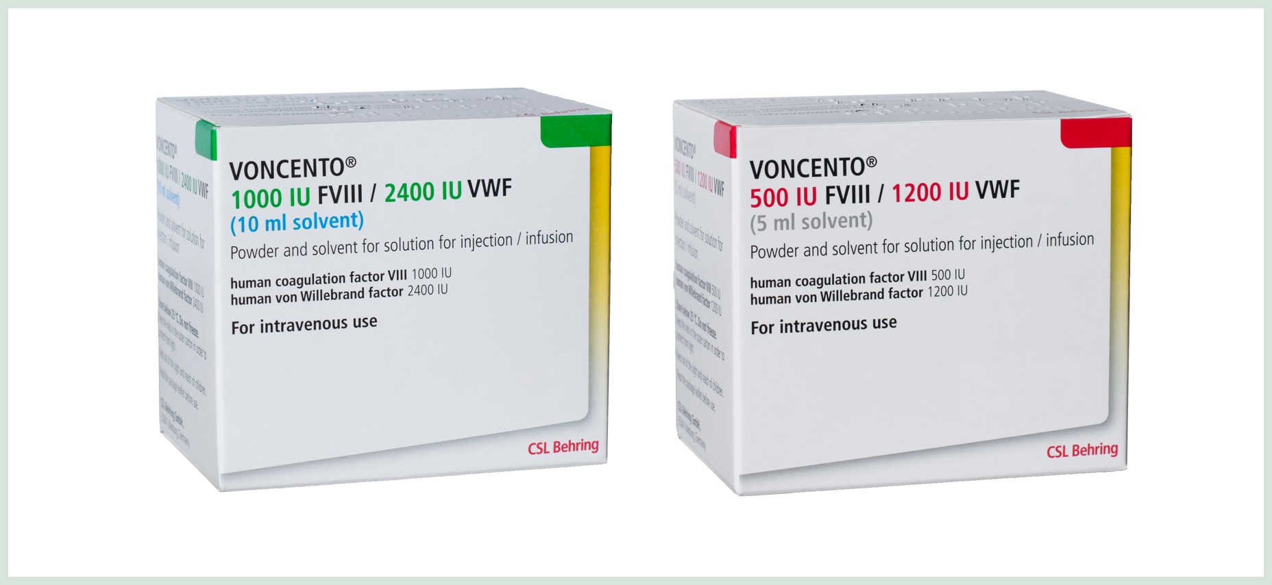 Image of Voncento packaging, two boxes side by side, 1000 IU FVIII / 2400 IU VWF in green, 500 IU FVIII / 1200 IU VWF in red