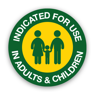 A green and yellow logo, with centered family icon, stating 'indicated for use in adults and children'