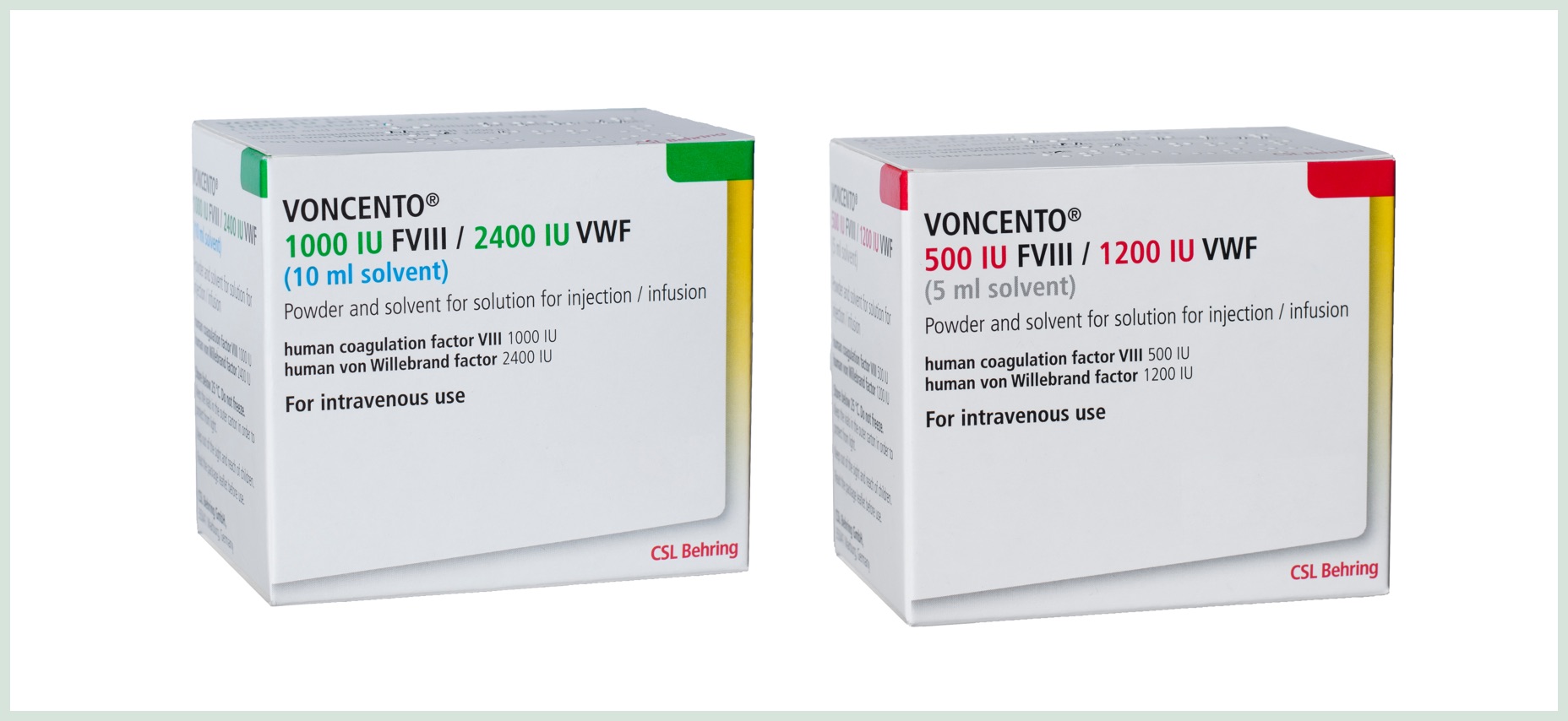 Image of Voncento packaging, two boxes side by side, 1000 IU FVIII / 2400 IU VWF in green, 500 IU FVIII / 1200 IU VWF in red