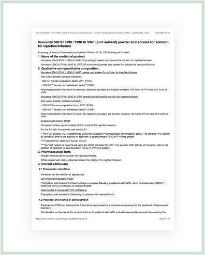 Image of 'Summary of product characteristics' a document provided by Voncento 